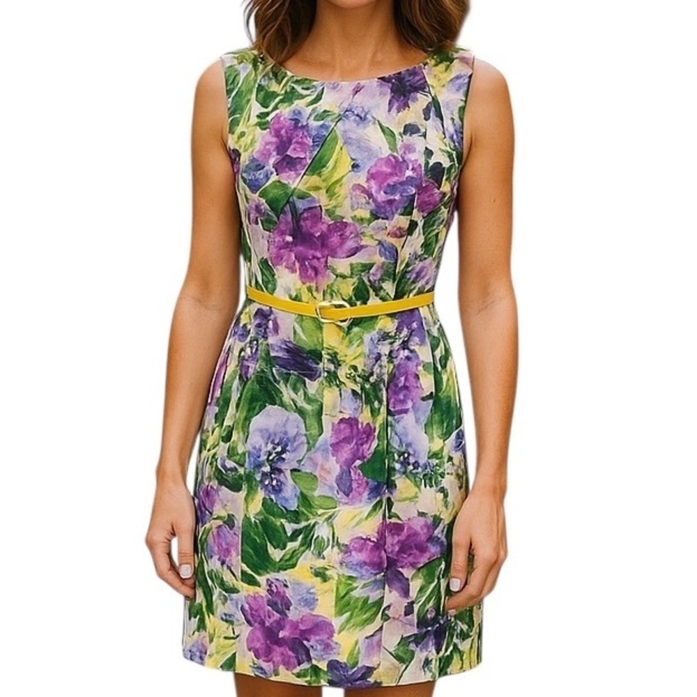 AGB Dress‎ Sleeveless Floral Midi Dress Multicolor Size 10 Belt Summer Career